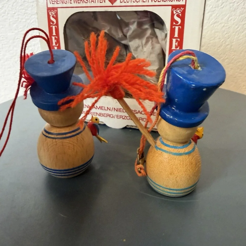 Two Steinbach Snowman Ornaments - Twin Brothers Natural Wood Erzgebirge